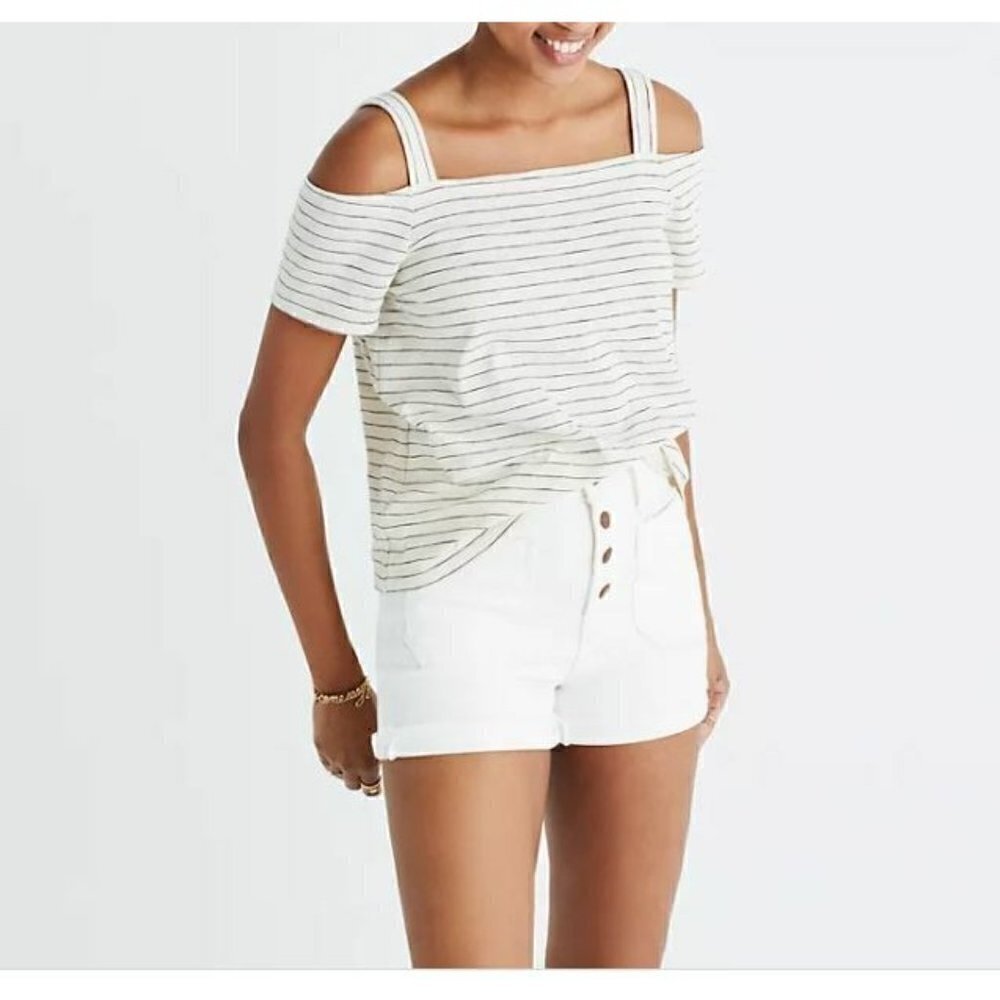 Madewell Womens Size XL Cold Shoulder Top Short Sleeve Bellamy Stripe Ivory Boho